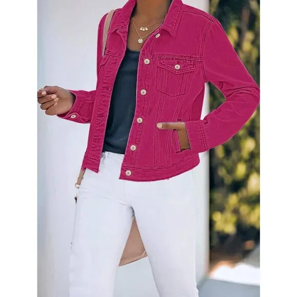 Women's Basic Button Down Stretch Fitted Long Sleeve Denim Jean Jacket Rose Pink - Picture 3 of 7